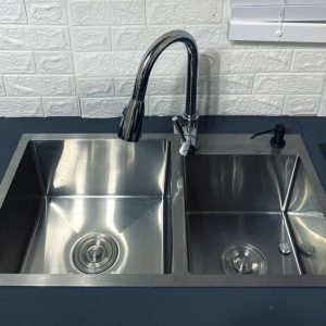 double bowl skirted sink silver